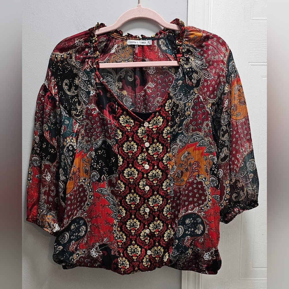 Figueroa & Flower Boho Patchwork Sheer Peasant Blouse PL
